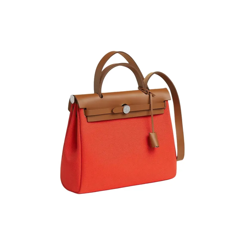 HERMES Herbag Zip Canvas With Hunter Cow Leather One Shoulder Handbag Women's Open Country Orange & Light Yellow Umber-1