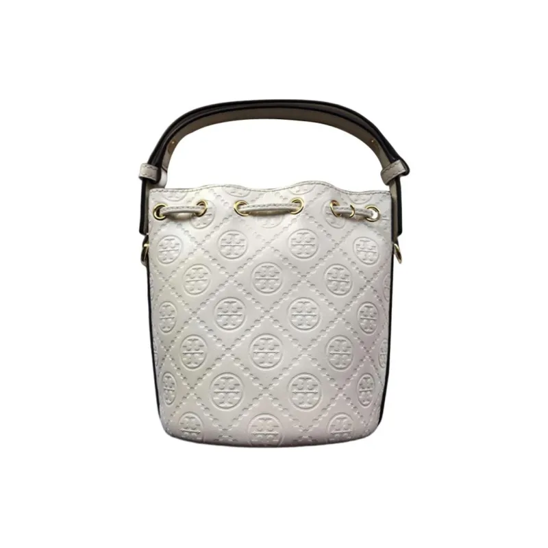 TORY BURCH T Monogram Cow Leather Bucket Bag, One Shoulder Handbag Mini Women's Light Cream-1