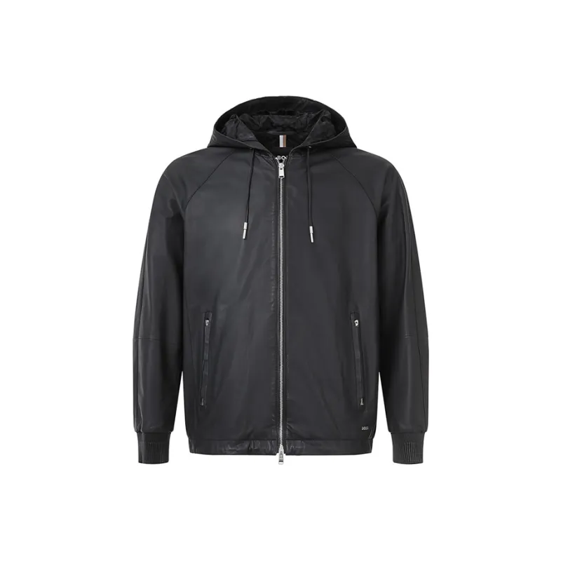 HUGO BOSS Hooded Drawstring Leather Jacket-0