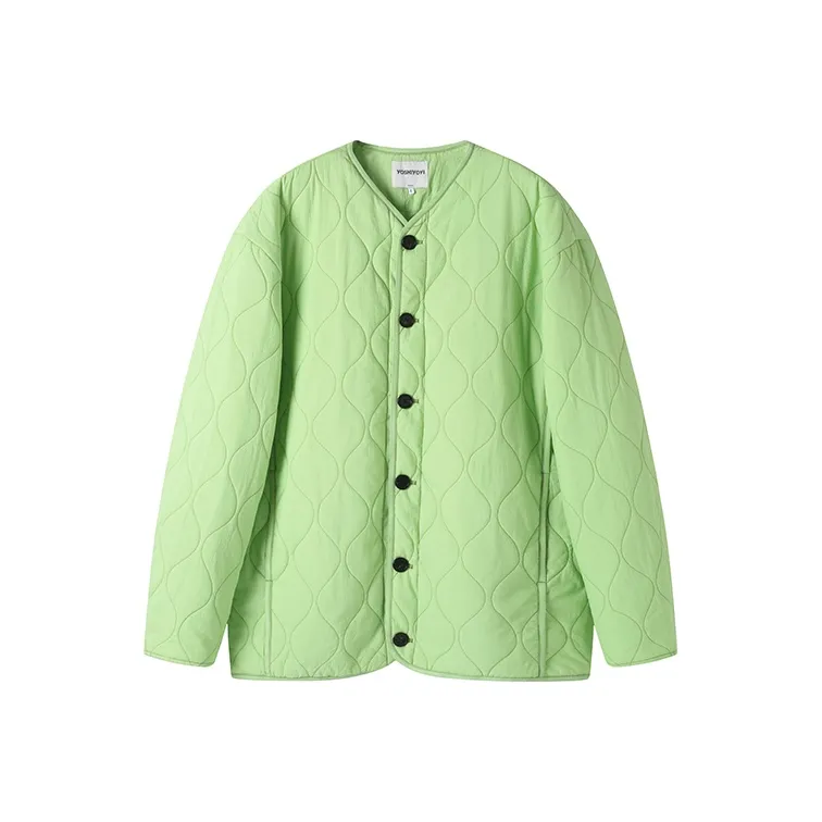 YOSHIYOYI Collarless Loose Fit Puffer Jacket Unisex Neon Green-0