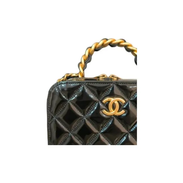 CHANEL Patent Leather Calfskin One Shoulder Crossbody Portable Makeup Bag Trumpets Women's Black-4