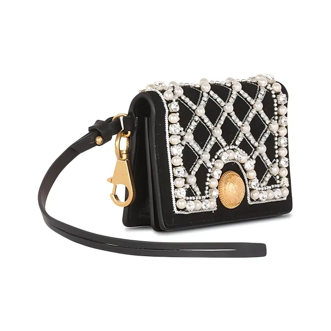 BALMAIN Suede With Embroidered Pearl Coin Purse Card Clip Card Holder Women's Black-1