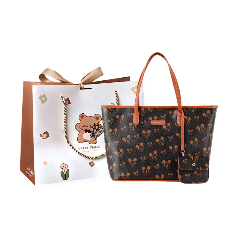 Disney Mickey Series Leather Tote Bag, Shopping Bag, Shoulder Bag Women's Dark Brown-0
