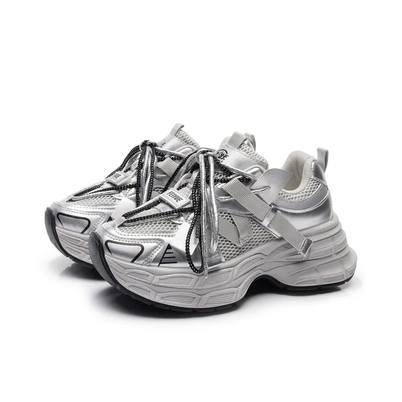 Feiyue Girly Heart Series Cushioning Slip Resistant Height Increasing Low Top Chunky Sneakers Women's Silver-2