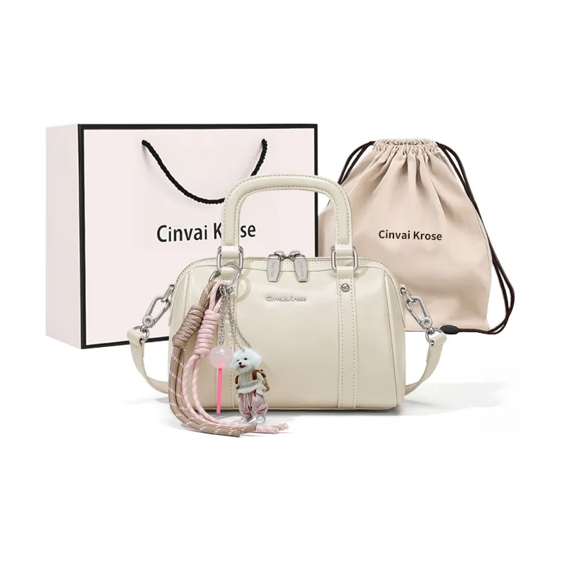 CinvaiKrose Cow Leather With Synthetic Leather Shoulder Bag, Crossbody Bag, Handbag Small Size Women's Ecru/Black-0
