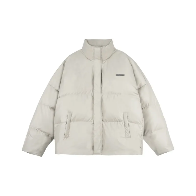 BTW Letter Solid Color Stand Collar Without Hood Fitted Down Jacket Unisex-3