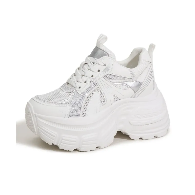 Milan Love Song Mesh Shoes Breathable Lightweight Height Increasing Low Top 8cm Chunky Sneakers Women's Solid Color-7