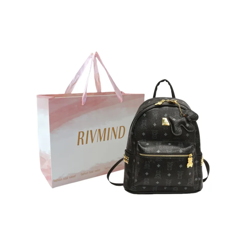 RIVMIND Synthetic Leather Backpack Tubas Women's Ecru/Brown/Black-21