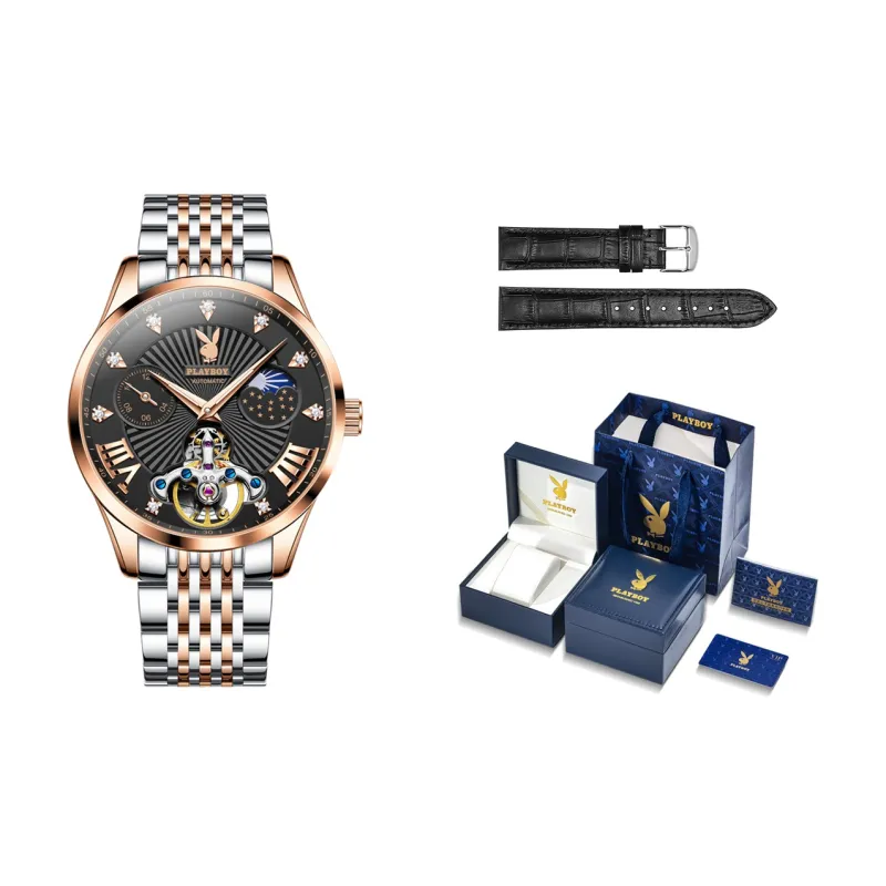 Playboy Mechanical Movement Stainless Steel Watchband Watch Men's Watches Black Dial-14
