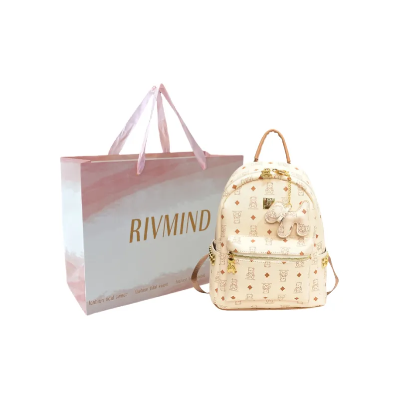 RIVMIND Synthetic Leather Backpack Tubas Women's Ecru/Brown/Black-25