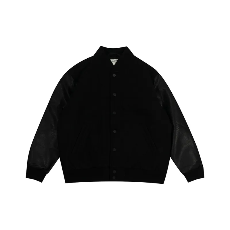 GRAF Jacket Men's HQHD Black Leather Sleeves Woolen Baseball Jackets-0