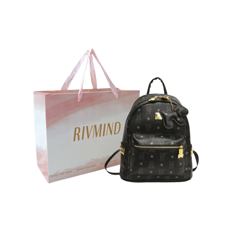 RIVMIND Synthetic Leather Backpack Tubas Women's Ecru/Brown/Black-26