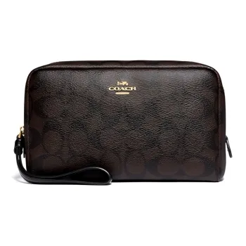 COACH Boxy Canvas With Leather Makeup Bag, Toiletry Bag, Clutch Unisex Dark Brown