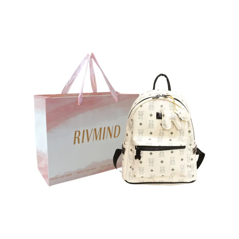 RIVMIND Synthetic Leather Backpack Tubas Women's Ecru/Brown/Black-19