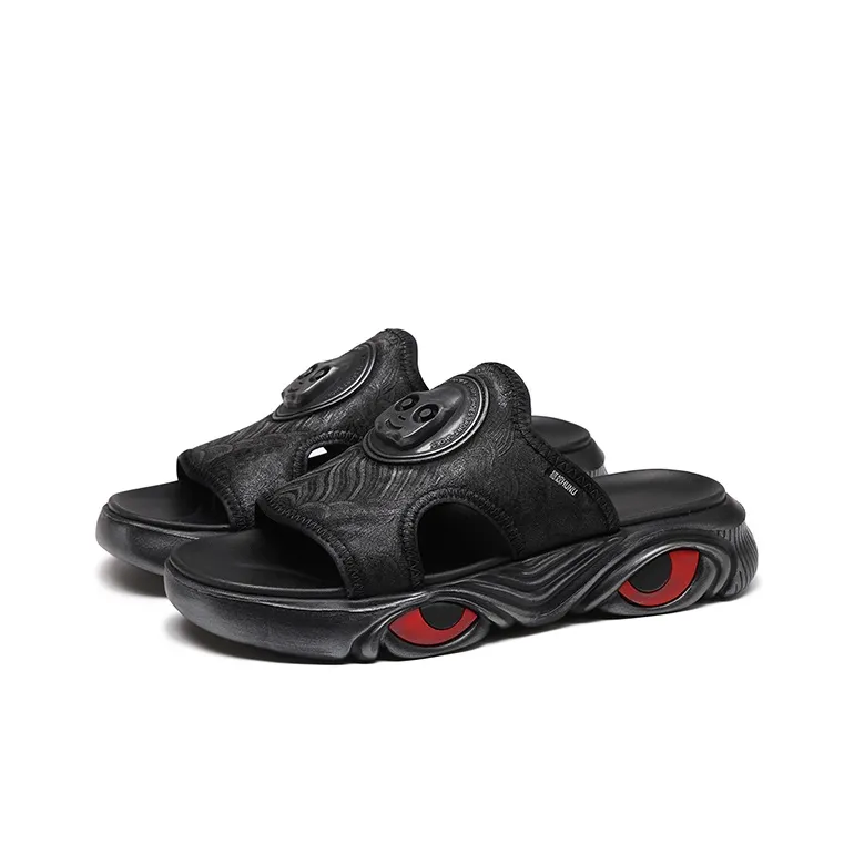 HUNU Rubber Sole Slip Resistant Cushioning Slide Slippers Men's Black-2
