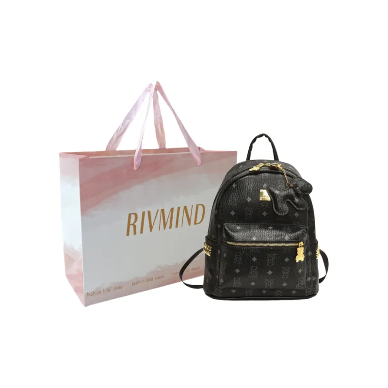 RIVMIND Synthetic Leather Backpack Tubas Women's Ecru/Brown/Black-16