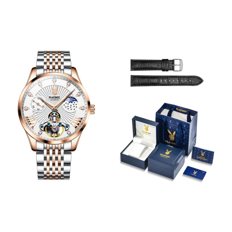 Playboy Mechanical Movement Stainless Steel Watchband Watch Men's Watches Black Dial-10