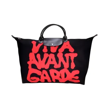LONGCHAMP Le Pliage Canvas Travel Bag 35L Women's Large Size, Black & Red Multicolor