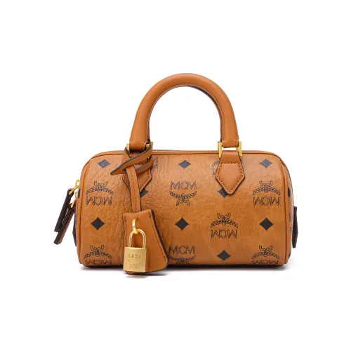 MCM Canvas With Leather, Gold Lock Pendant, Boston Bag Shoulder Bag, Crossbody Bag, Handbag Mini Women
s Brown Cognac