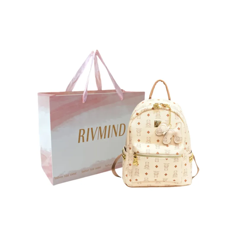 RIVMIND Synthetic Leather Backpack Tubas Women's Ecru/Brown/Black-15