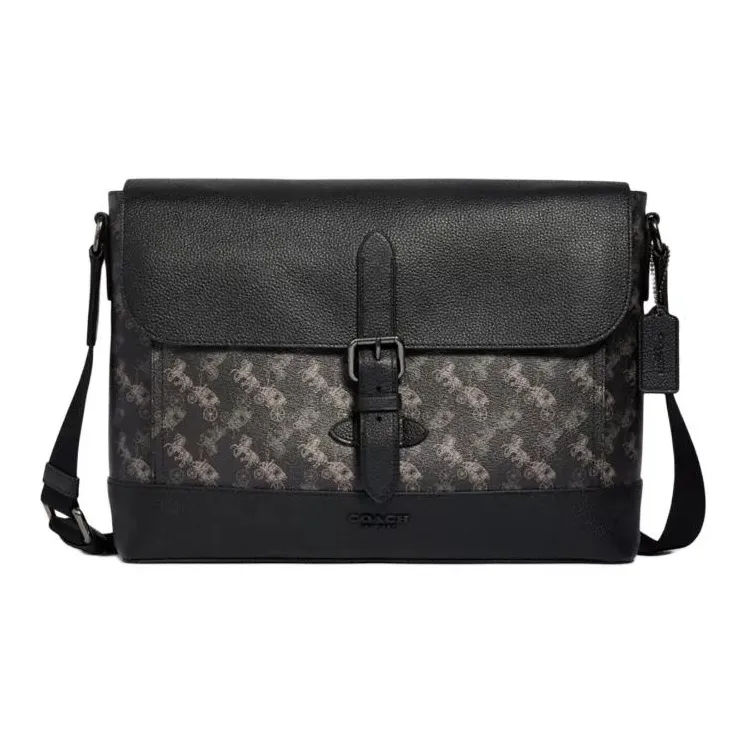 COACH Hudson Canvas With Leather Messenger Bag Shoulder Bag Crossbody Bag Large Size Men's Black Brown Multicolor-0