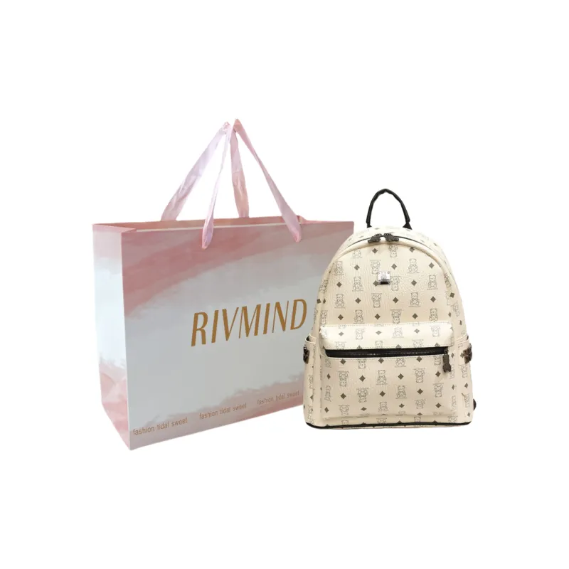RIVMIND Synthetic Leather Backpack Tubas Women's Ecru/Brown/Black-14