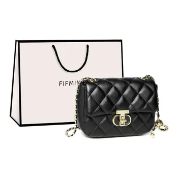 15 MINS Cow Leather Chain Bag, Small Square Bag, Shoulder Bag, Crossbody Bag Small Size Women's Midnight Black/Ecru