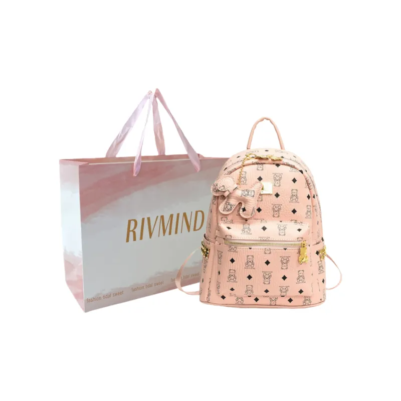 RIVMIND Synthetic Leather Backpack Tubas Women's Ecru/Brown/Black-22