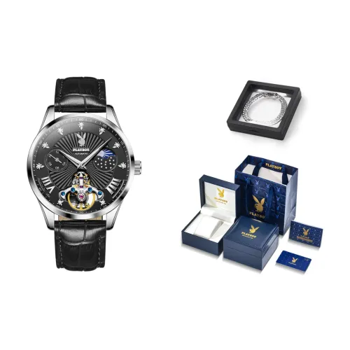 Playboy Mechanical Movement Leather Strap Watch Men's Watches Black Dial