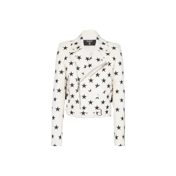 BALMAIN Stars Embroidered Leather Biker Jacket