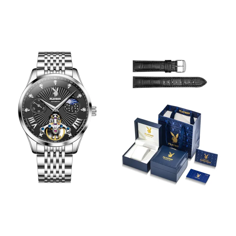 Playboy Mechanical Movement Stainless Steel Watchband Watch Men's Watches Black Dial-0