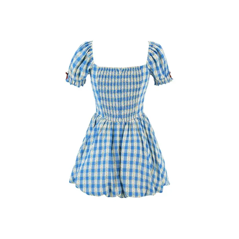 Peaches Peaches Short Sleeved Dress Women's Blue Plaid-1