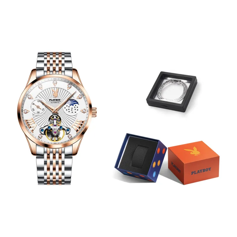 Playboy Mechanical Movement Stainless Steel Watchband Watch Men's Watches Black Dial-21