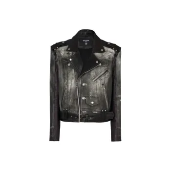 BALMAIN Denim Print Distressed Leather Biker Jacket