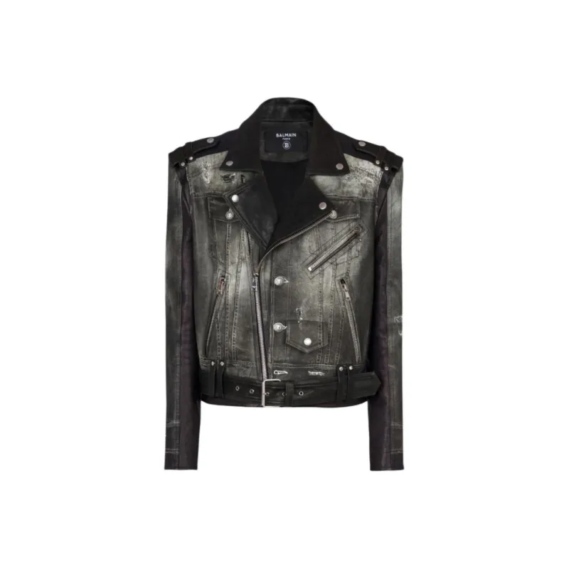 BALMAIN Denim Print Distressed Leather Biker Jacket-0