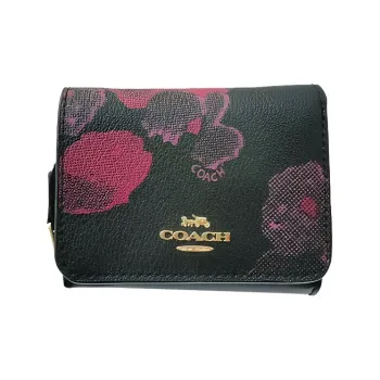 COACH Trifold Wallet Calfskin With Pebbled Leather Coin Purses Wallets Women's Black