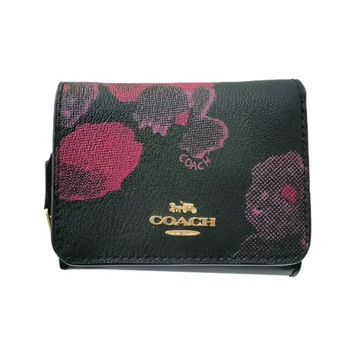 COACH Trifold Wallet Calfskin With Pebbled Leather Coin Purses Wallets Women's Black