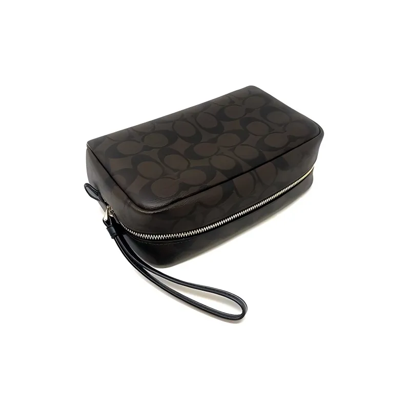 COACH Boxy Canvas With Leather Makeup Bag, Toiletry Bag, Clutch Unisex Dark Brown-1