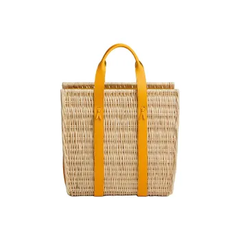 HERMES Wicker Basket Calfskin Handbag Women's Beige & Yellow