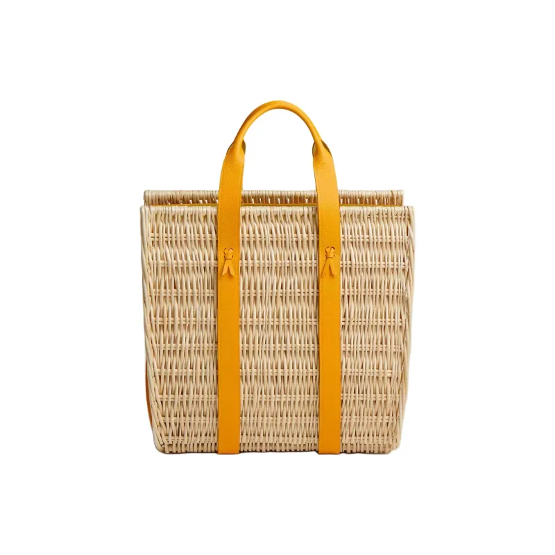 HERMES Wicker Basket Calfskin Handbag Women's Beige & Yellow-0