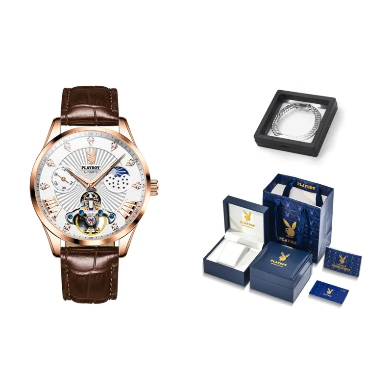 Playboy Mechanical Movement Leather Strap Watch Men's Watches Black Dial-10