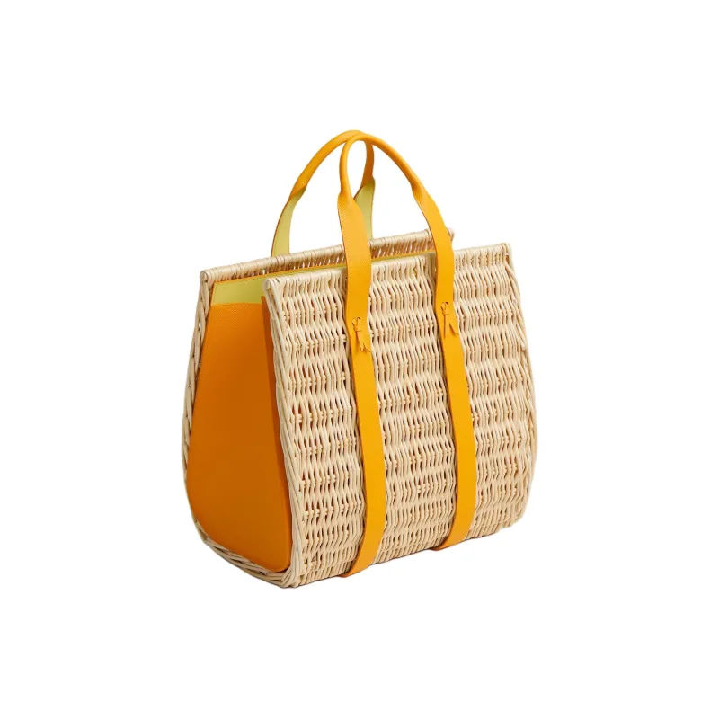 HERMES Wicker Basket Calfskin Handbag Women's Beige & Yellow-1
