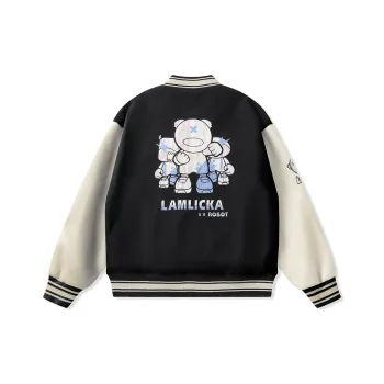 LAMLICKA Baseball Collar Loose Fit Straight Long Sleeved Baseball Jacket Unisex Black