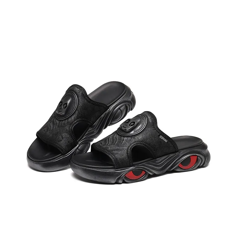 HUNU Rubber Sole Slip Resistant Cushioning Slide Slippers Men's Black-3