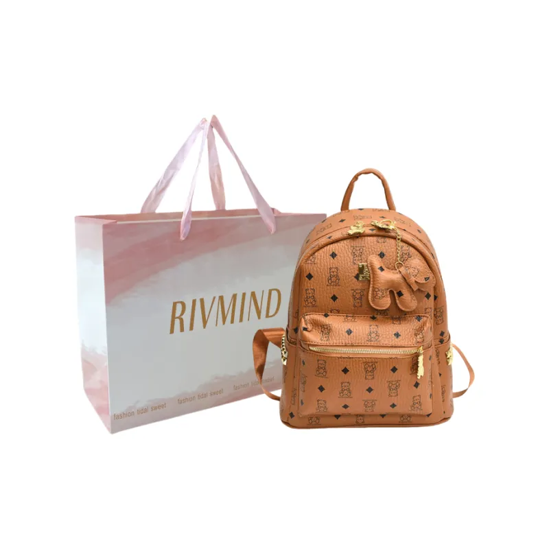 RIVMIND Synthetic Leather Backpack Tubas Women's Ecru/Brown/Black-28
