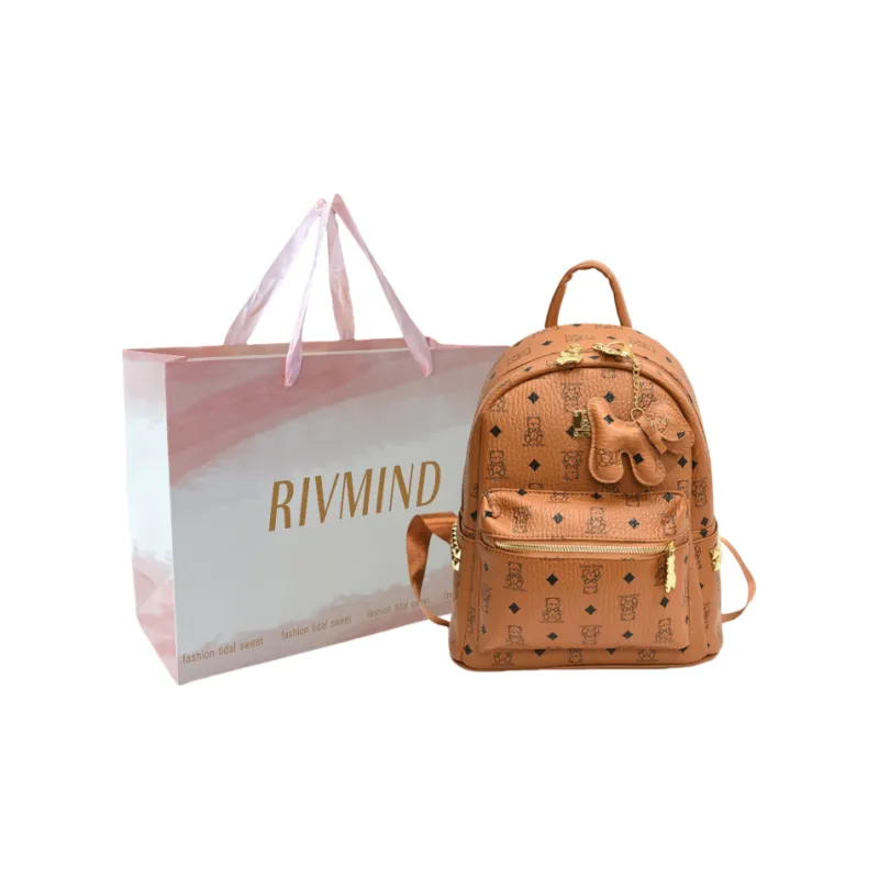 RIVMIND Synthetic Leather Backpack Tubas Women's Ecru/Brown/Black-23
