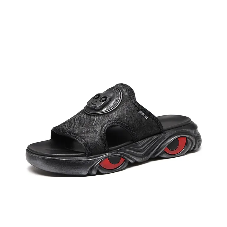 HUNU Rubber Sole Slip Resistant Cushioning Slide Slippers Men's Black-1