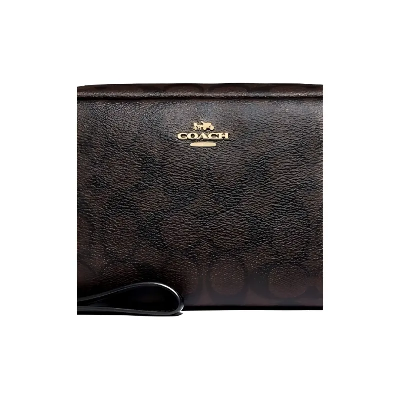 COACH Boxy Canvas With Leather Makeup Bag, Toiletry Bag, Clutch Unisex Dark Brown-3
