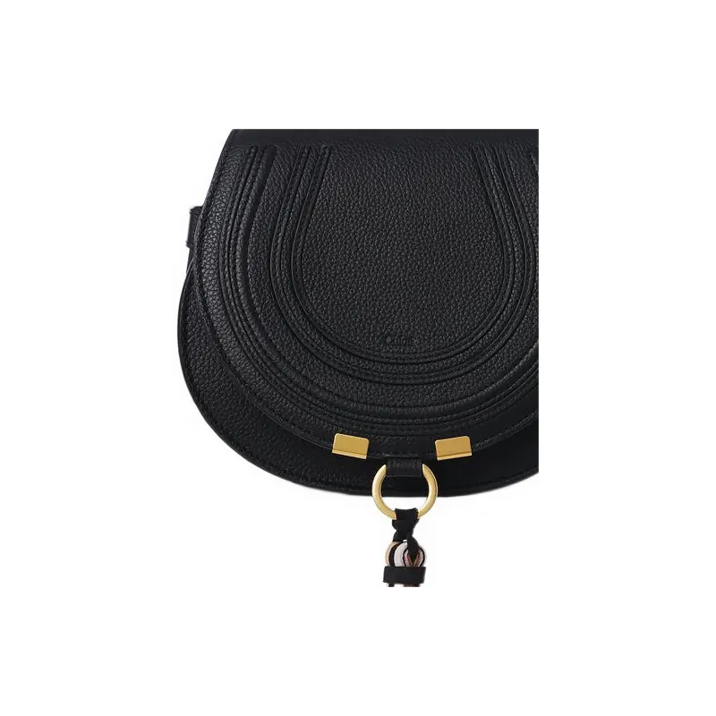 Chloe Marcie Suede Calfskin With Nappa Lambskin Saddle Bag, Shoulder Bag, Crossbody Bag Trumpets Women's Black-3