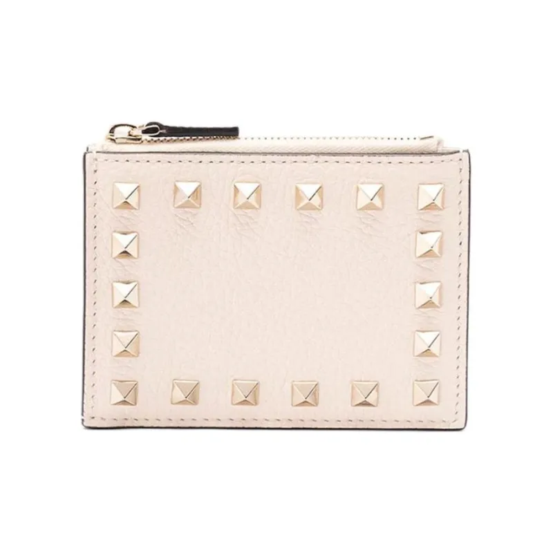 Valentino Rockstud Calfskin Card Holder Women's Pink-0
